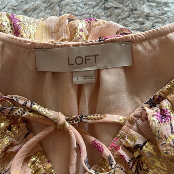 LOFT Shimmer Floral Ruffle Tie Neck Blouse - Picture 8 of 8